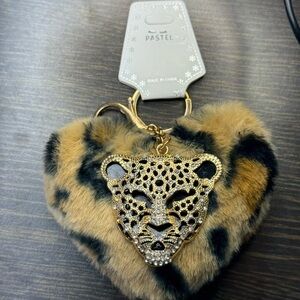 Pastels Furry Leopard Heart Keychain - Brown and Black